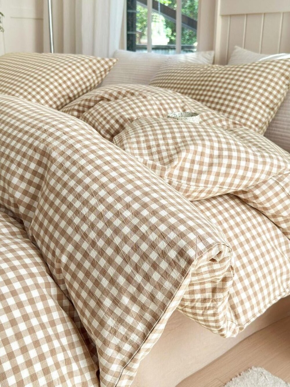 Queen Comforter Set Tan Gingham Comforter Modern Style Beige Plaid Comforter Set